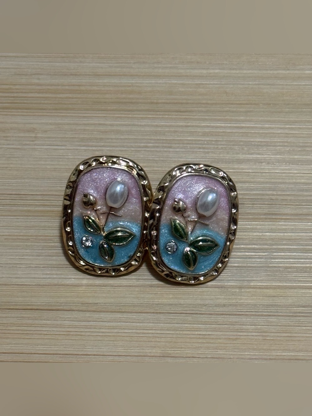 Gold Tone Floral Pearl and Enamel Stud Earrings